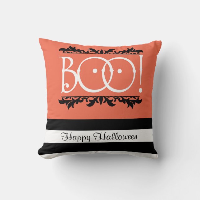 Boo! Halloween Orange & Black White Striped Chic Cushion (Front)