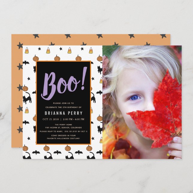 Boo! Halloween Pattern Cute White Photo Birthday Invitation (Front/Back)