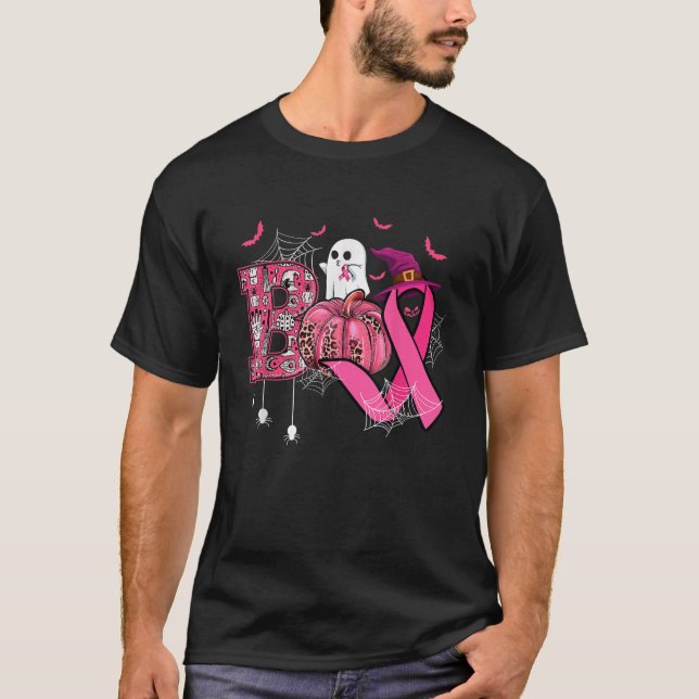 Boo Halloween Pumpkin Pink Ribbon Witch Breast Can T-Shirt (Front)
