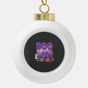 Boo Halloween Purple Truck Ghost and Pumpkins Desi Ceramic Ball Christmas Ornament