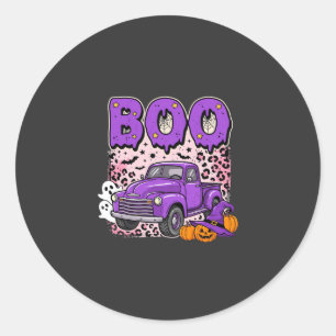 Boo Halloween Purple Truck Ghost and Pumpkins Desi Classic Round Sticker
