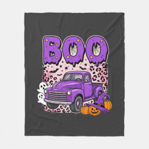 Boo Halloween Purple Truck Ghost and Pumpkins Desi Fleece Blanket