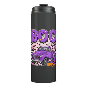Boo Halloween Purple Truck Ghost and Pumpkins Desi Thermal Tumbler