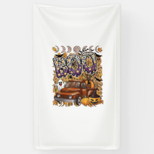 Boo Halloween Vintage Truck Ghost Pumpkins Leopard Banner