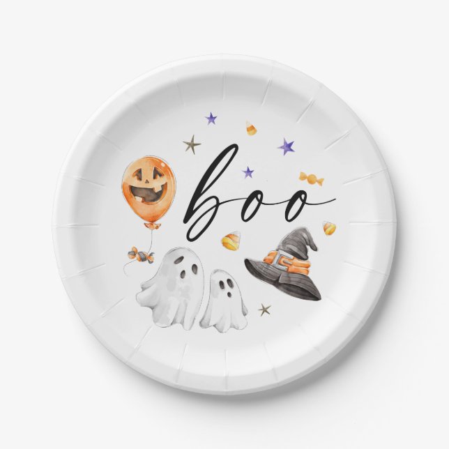 Boo Halloween Watercolor Party Paper Plate (Front)