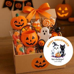 Boo! Happy Halloween friendly ghost & Cat Classic Round Sticker