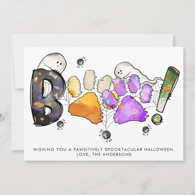 Boo Happy Halloween Ghosts Paw Prints Dog Cat Pet  Holiday Card (Front)