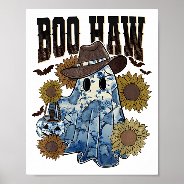 Boo Haw Cowboy Ghost Blue Denim Trendy Patchwork H Poster (Front)