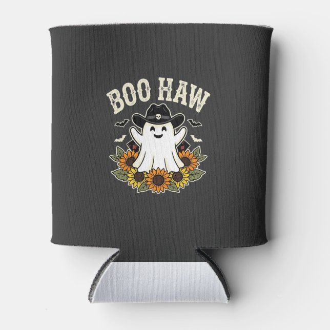 Boo Haw Western Halloween Ghost Design Can Cooler (Front)