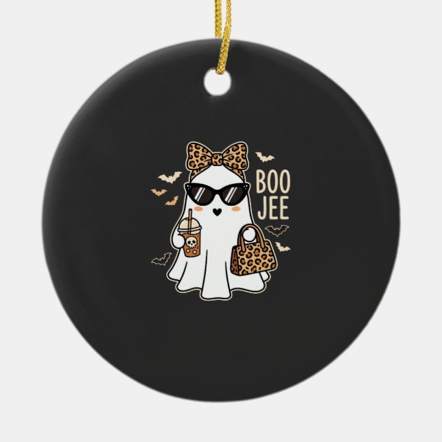 Boo Jee Cute Ghost Halloween Leopard Design_1 Ceramic Tree Decoration (Front)