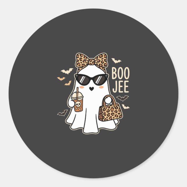 Boo Jee Cute Ghost Halloween Leopard Design_1 Classic Round Sticker (Front)