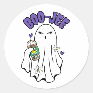 Boo-Jee Cute halloween Ghost with Iced Coffee  Classic Round Sticker