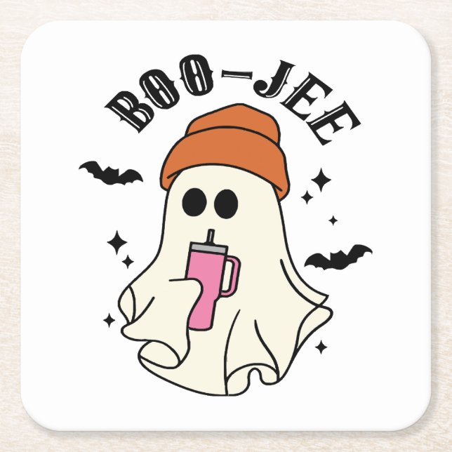 Boo-Jee  funny Halloween Tumbler-Inspired Ghost Square Paper Coaster (Front)