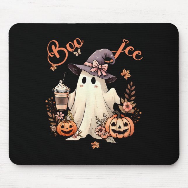 Boo Jee Ghost Drinking Coffee Coquette Bow Hallowe Mouse Pad (Front)