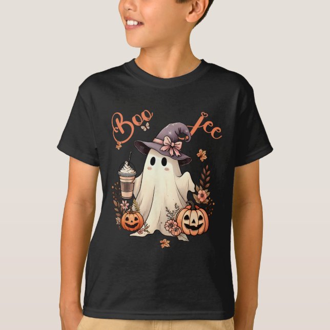 Boo Jee Ghost Drinking Coffee Coquette Bow Hallowe T-Shirt (Front)