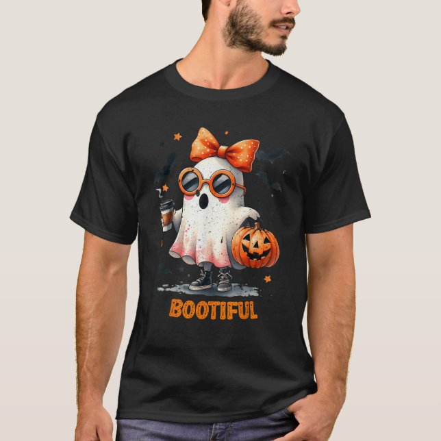 Boo Jee Ghost Drinking Coffee Coquette Bow Hallowe T-Shirt (Front)