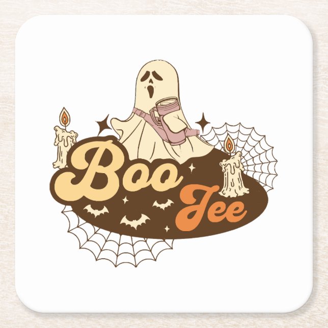 Boo-Jee Ghost Halloween funny Square Paper Coaster (Front)