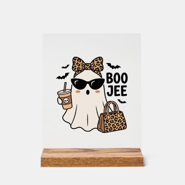Boo Jee Ghost Halloween Leopard Bow Vector Design_ Acrylic Sign (Front)