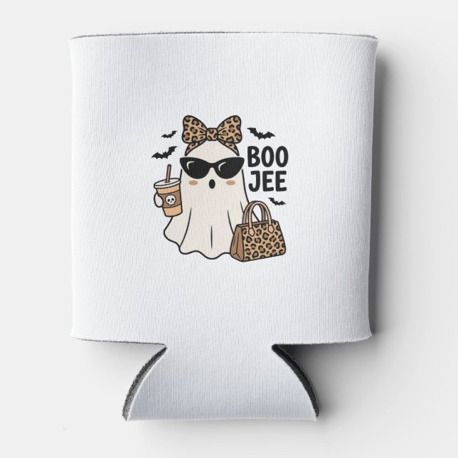 Boo Jee Ghost Halloween Leopard Bow Vector Design_ Can Cooler (Front)