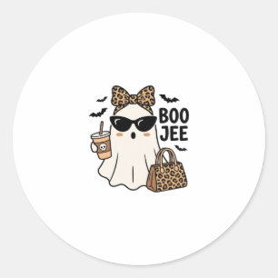 Boo Jee Ghost Halloween Leopard Bow Vector Design_ Classic Round Sticker