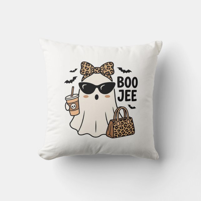 Boo Jee Ghost Halloween Leopard Bow Vector Design_ Cushion (Front)