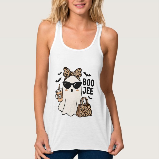 Boo Jee Ghost Halloween Leopard Bow Vector Design_ Singlet (Front)