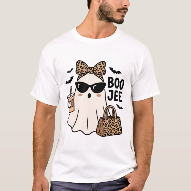 Boo Jee Ghost Halloween Leopard Bow Vector Design_ T-Shirt (Front)