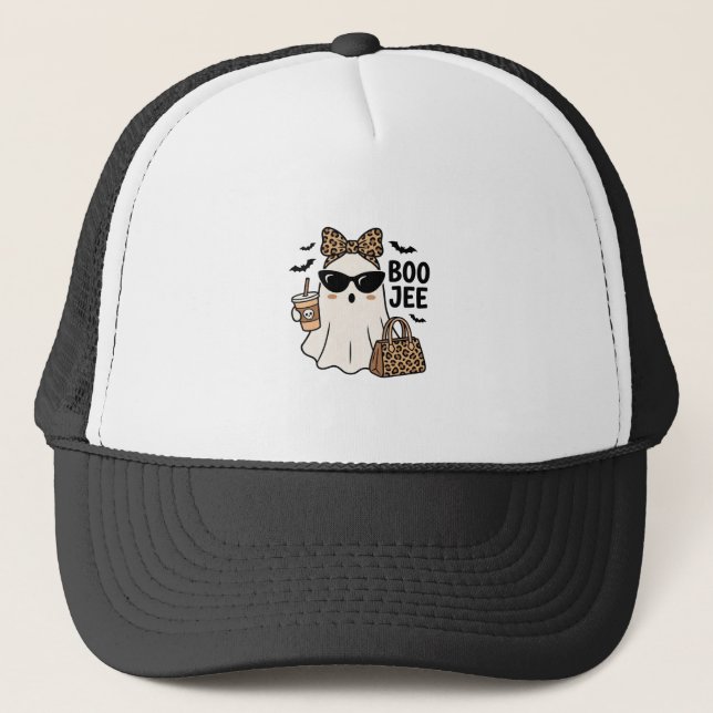 Boo Jee Ghost Halloween Leopard Bow Vector Design_ Trucker Hat (Front)