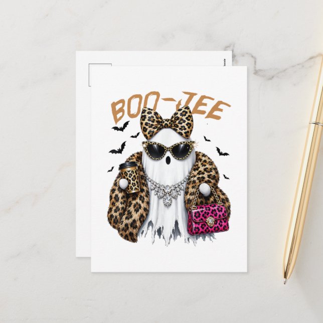Boo-JEE Ghost Leopard Coquette Halloween Holiday Postcard (Front/Back In Situ)