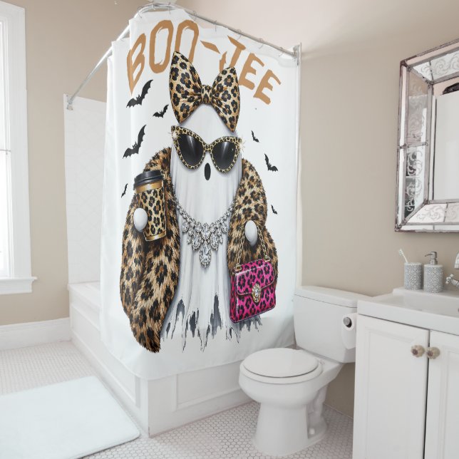 Boo-JEE Ghost Leopard Coquette Halloween Shower Curtain (In Situ)