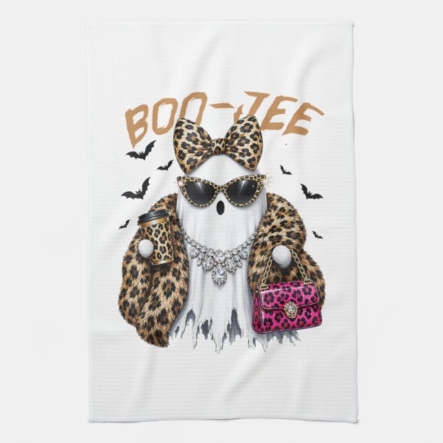 Boo-JEE Ghost Leopard Coquette Halloween Tea Towel (Vertical)
