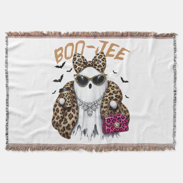Boo-JEE Ghost Leopard Coquette Halloween Throw Blanket (Front)