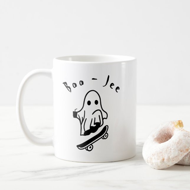 Boo Jee Halloween Ghost Skating Spooky Drawings Coffee Mug (With Donut)