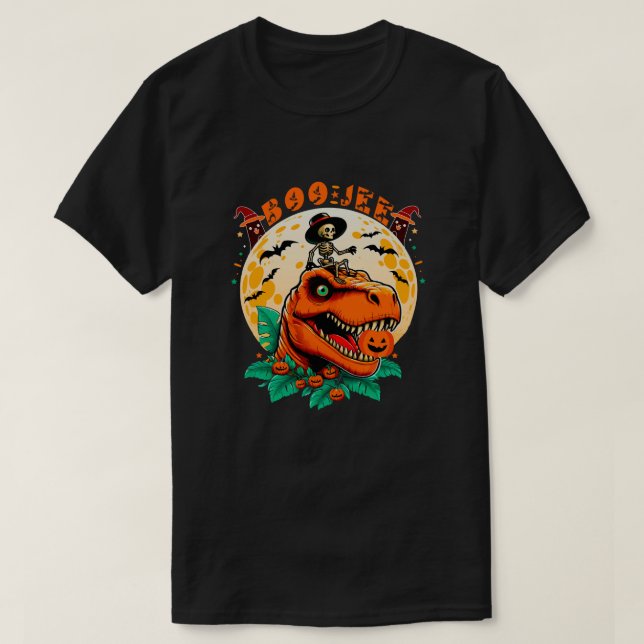 BOO-Jee Halloween: T-Rex & Skeleton Fun Design! T-Shirt (Design Front)