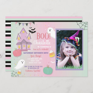 Boo Kids Birthday Halloween Pink Mint Fun Party Invitation