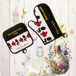 BOO Land Ghosts Script Halloween Bash Black Cats  Oven Mitt & Pot Holder Set