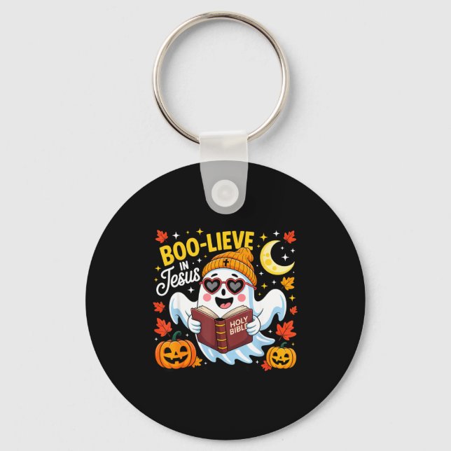 Boo-lieve In Jesus Ghost Christian Halloween Funny Key Ring (Front)