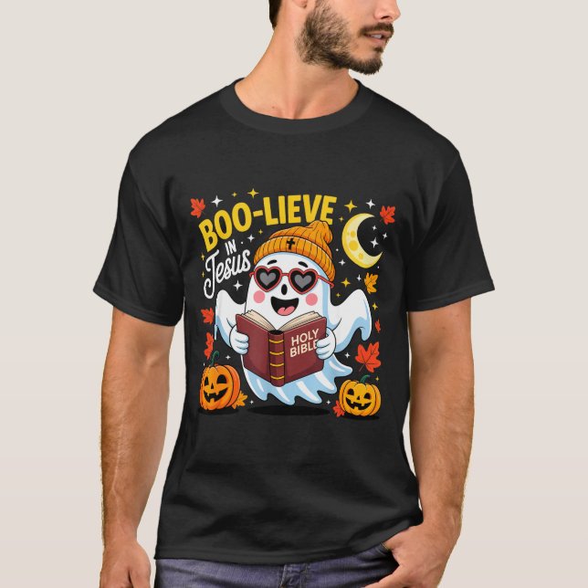 Boo-lieve In Jesus Ghost Christian Halloween Funny T-Shirt (Front)