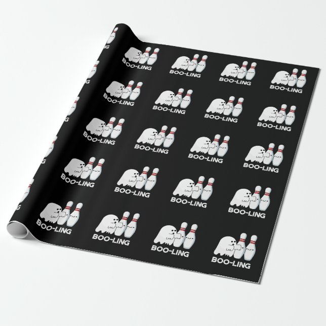 Boo-ling Funny Halloween Bowling Ghost Pun Dark BG Wrapping Paper (Unrolled)