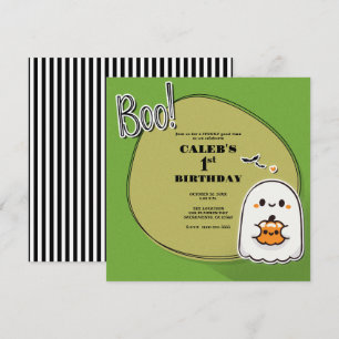 BOO Little Ghost Green Halloween Birthday Party Invitation