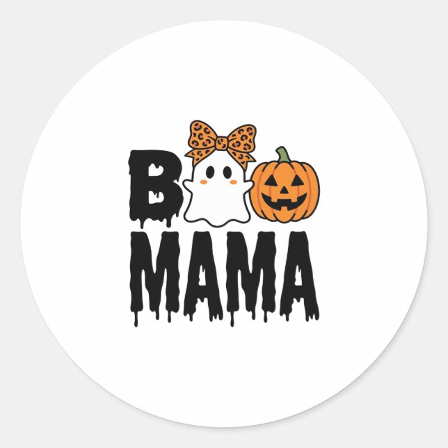 Boo Mama Halloween Ghost Pumpkin Bow Design Classic Round Sticker (Front)