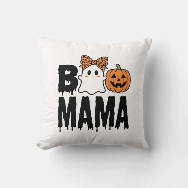 Boo Mama Halloween Ghost Pumpkin Bow Design Cushion (Front)