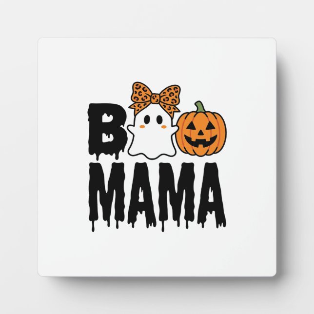 Boo Mama Halloween Ghost Pumpkin Bow Design Plaque (Front)