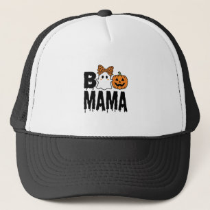 Boo Mama Halloween Ghost Pumpkin Bow Design Trucker Hat