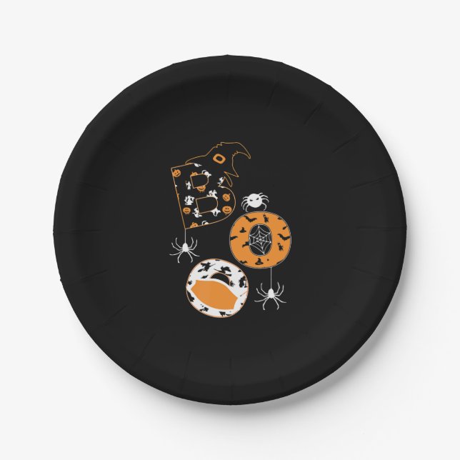 Boo Mask Spider Witch  Pumpkin Pattern Paper Plate (Front)