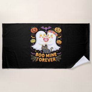 Boo Mine Forever Cute Ghosts Black Cat Love Hallow Beach Towel