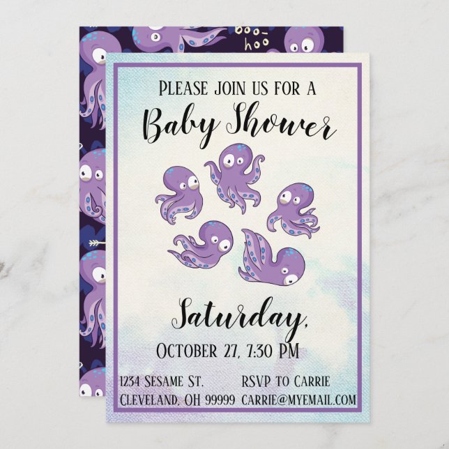 Boo Octopus Purple Baby Shower Invitation (Front/Back)