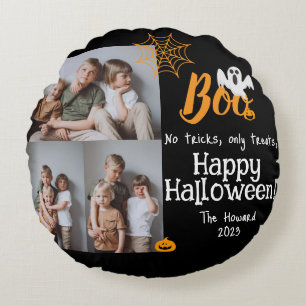 Boo pumpkin jack-o-lantern Halloween Photo Collage Round Cushion