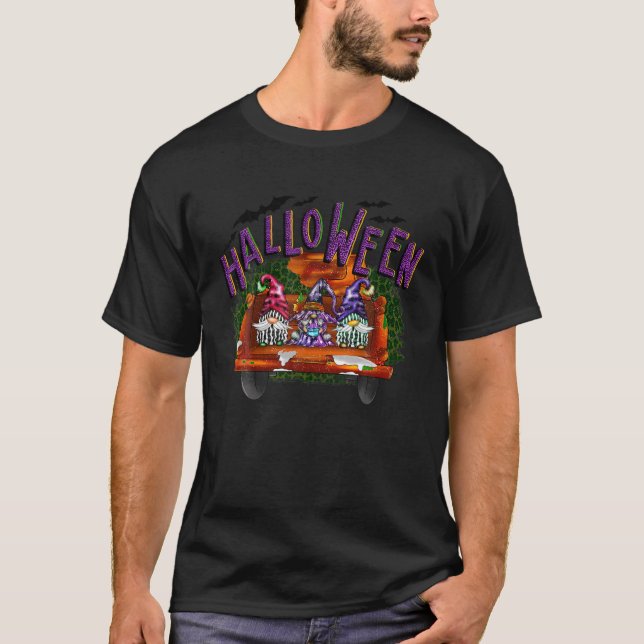 Boo Pumpkin Witch Gnomes In Halloween Truck Funny  T-Shirt (Front)