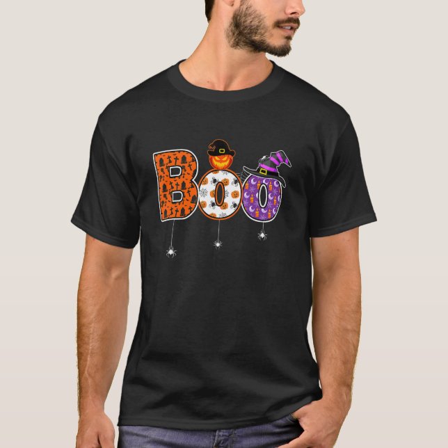 Boo Pumpkin With Witch Hat And Spider Halloween Co T-Shirt (Front)
